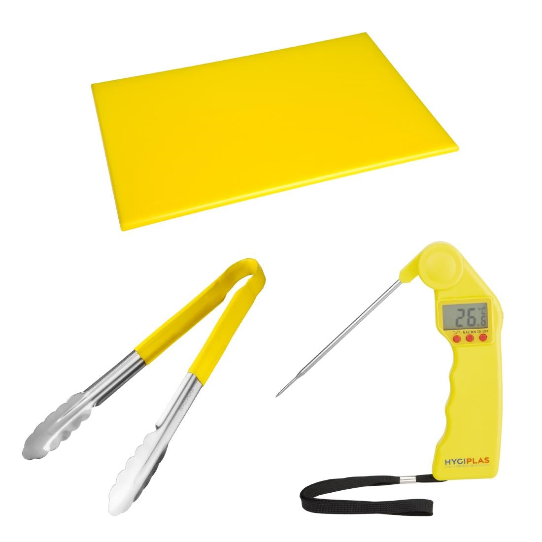 Hygiplas Colour Coded Yellow Set - Tong Chopping Board & Thermometer (3 Pack)