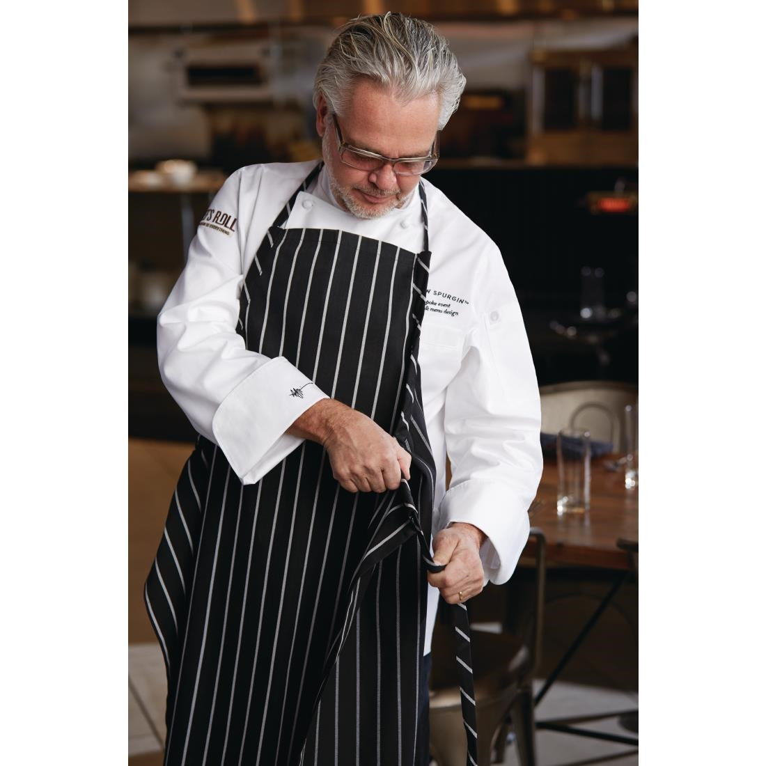 Chef Works Premium Butchers Stripe Bib Apron Black/White