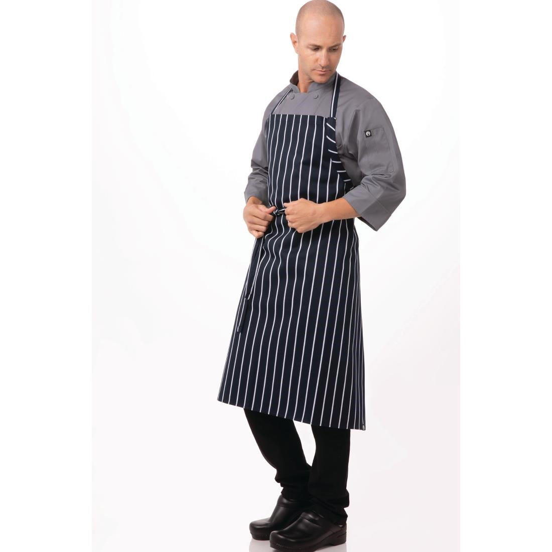Chef Works Premium Butchers Stripe Bib Apron Blue/White