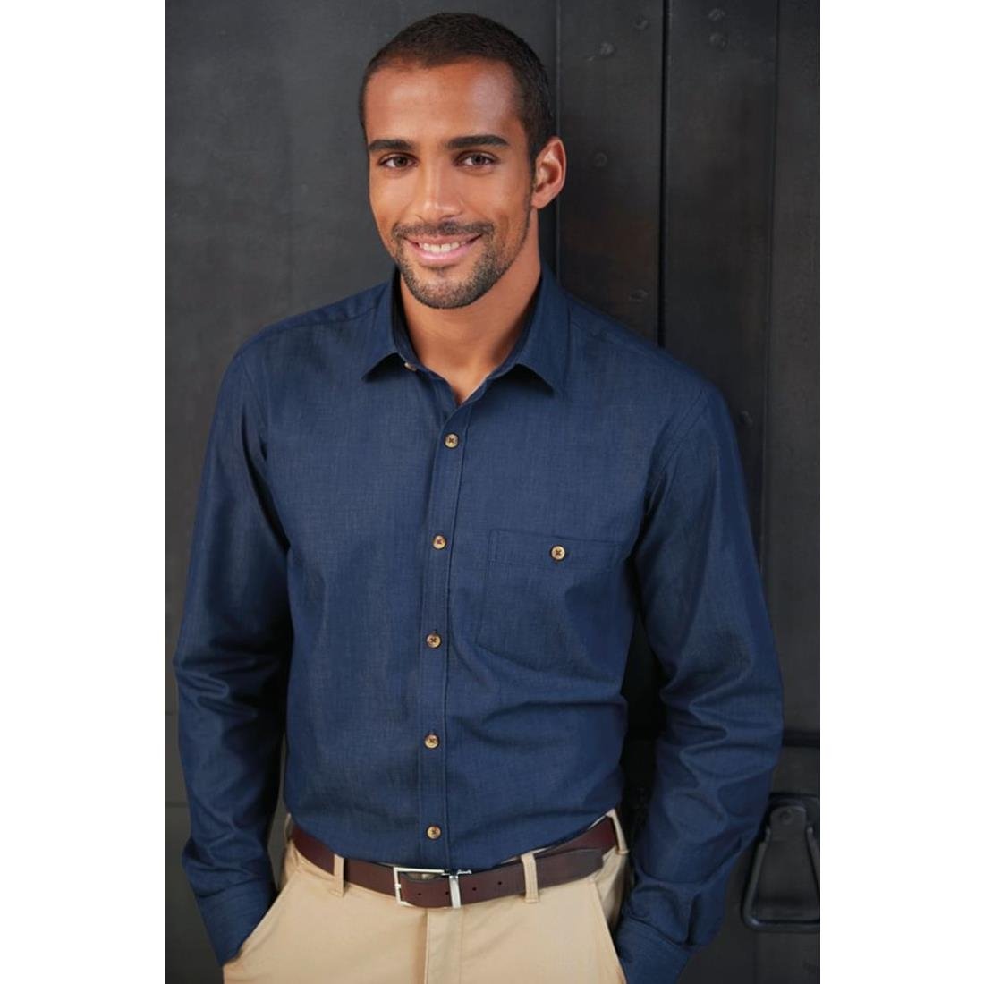 Brook Taverner Mens Jasper Long Sleeve Chambray Shirt Navy 16"