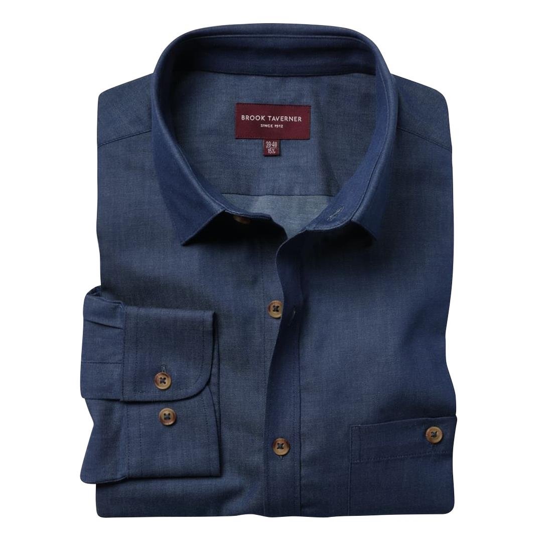 Brook Taverner Mens Jasper Long Sleeve Chambray Shirt Navy 15"