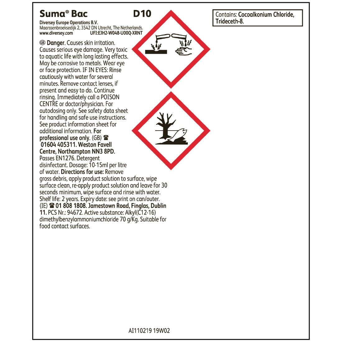 Suma Bac D10 Cleaner and Sanitiser Concentrate 5Ltr (2 Pack)