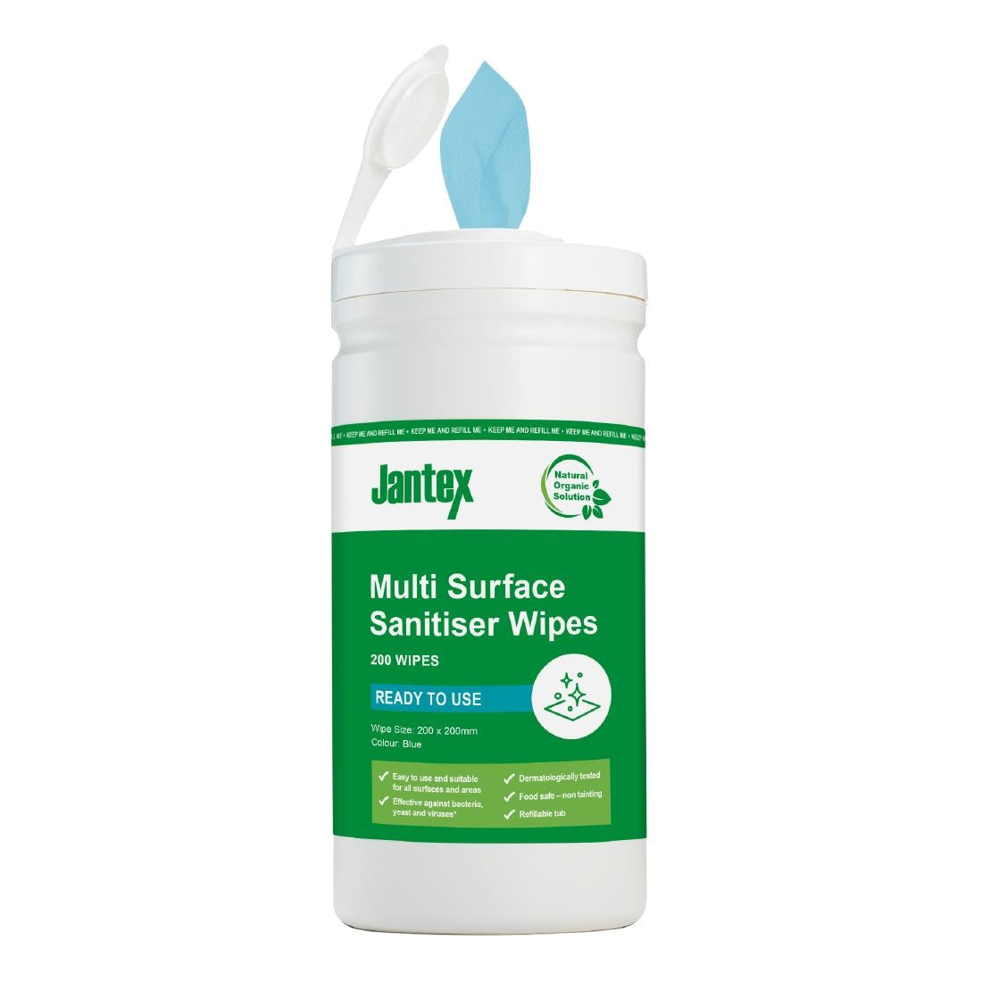 Jantex Green Surface Sanitiser Wipes Starter Tub 200mm (200 Pack)
