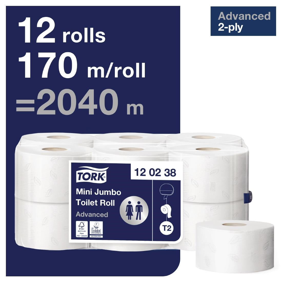 Tork Mini Jumbo Toilet Paper Rolls White T2 (12 Pack)