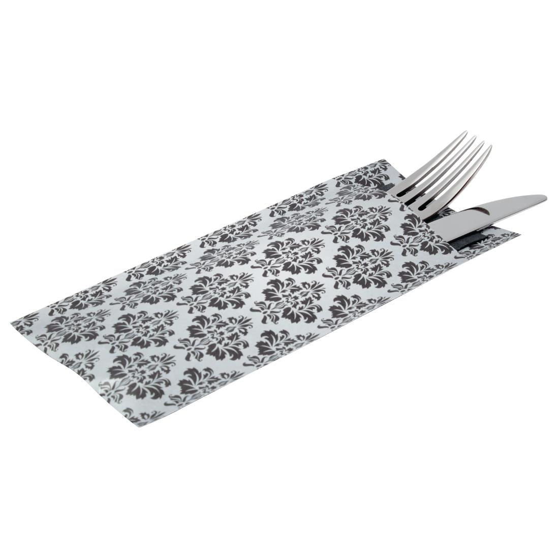 Europochette White with Vintage Design Cutlery Pouch with Black Napkin (100 Pack)