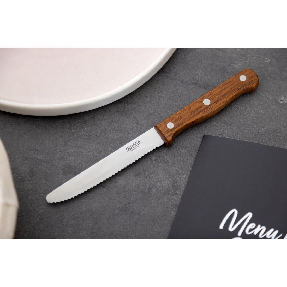 Olympia Rounded Steak Knives with Acacia Wood Handles 110mm (12 Pack)