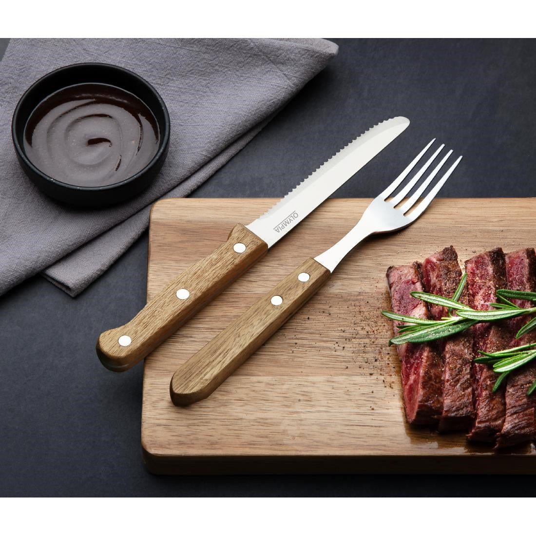 Olympia Rounded Steak Knives with Acacia Wood Handles 110mm (12 Pack)