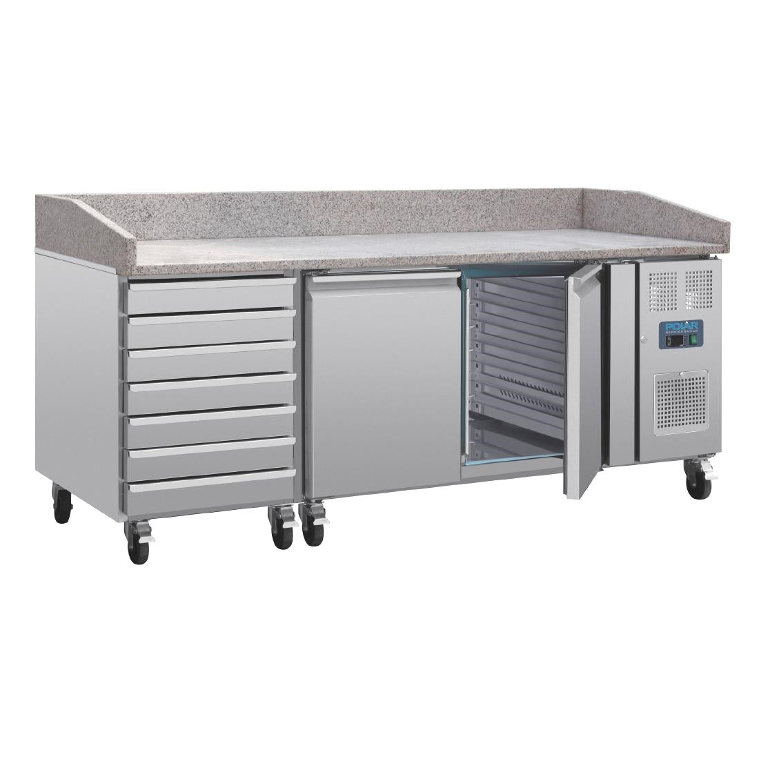 Polar U-Series Double Door Pizza Counter with Granite Top and Dough Drawers 290Ltr