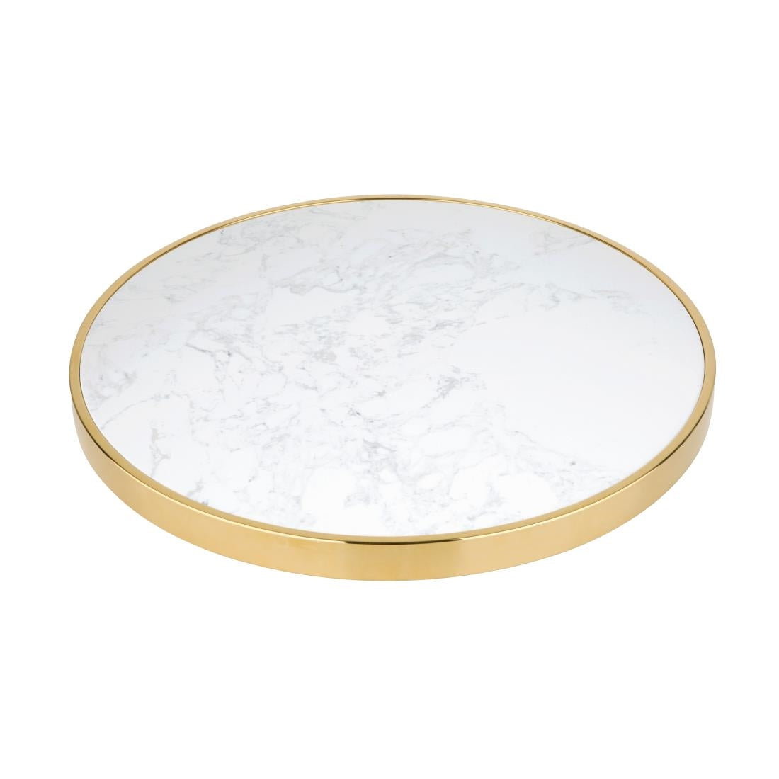 Bolero Round Marble Tabletop with Brass Effect Rim White 600mm