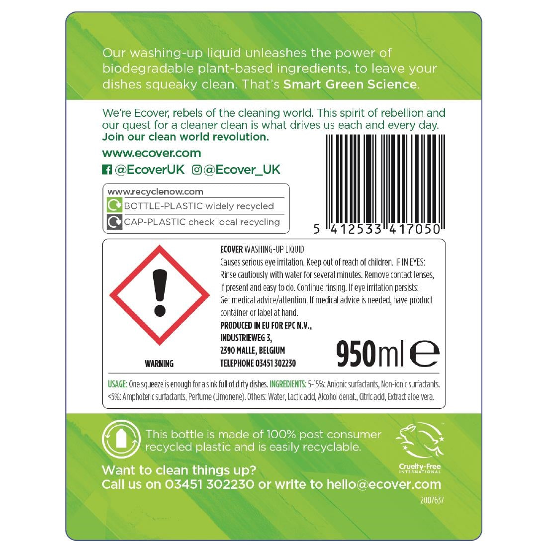 Ecover Lemon and Aloe Vera Washing Up Liquid Concentrate 950ml