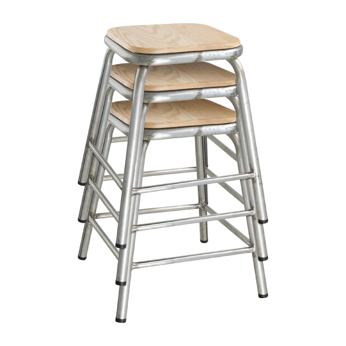 Bolero Galvanised Steel Low Stools with Wooden Seatpad (4 Pack)