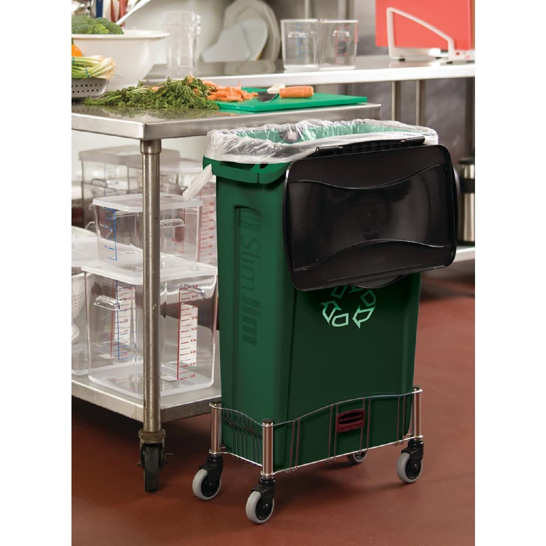 Rubbermaid Slim Jim with Venting Channels Green with Recycling Logo 87Ltr