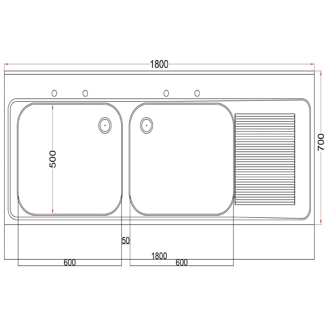Vogue Fully Assembled Stainless Steel Sink Right Hand Drainer 1800mm