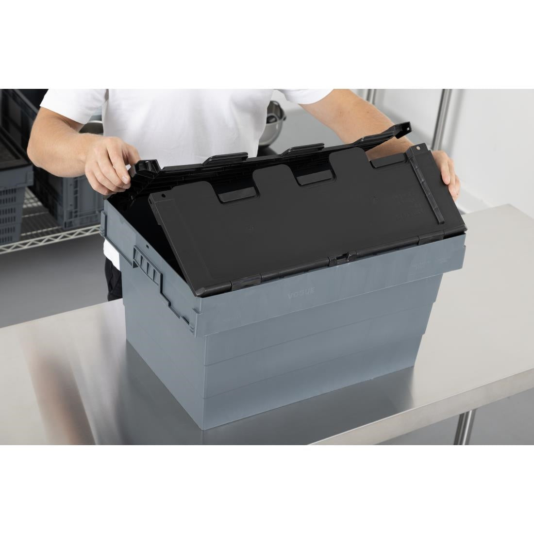 Vogue Plastic Transport Storage Crate with Attached Lid 600x400x320mm