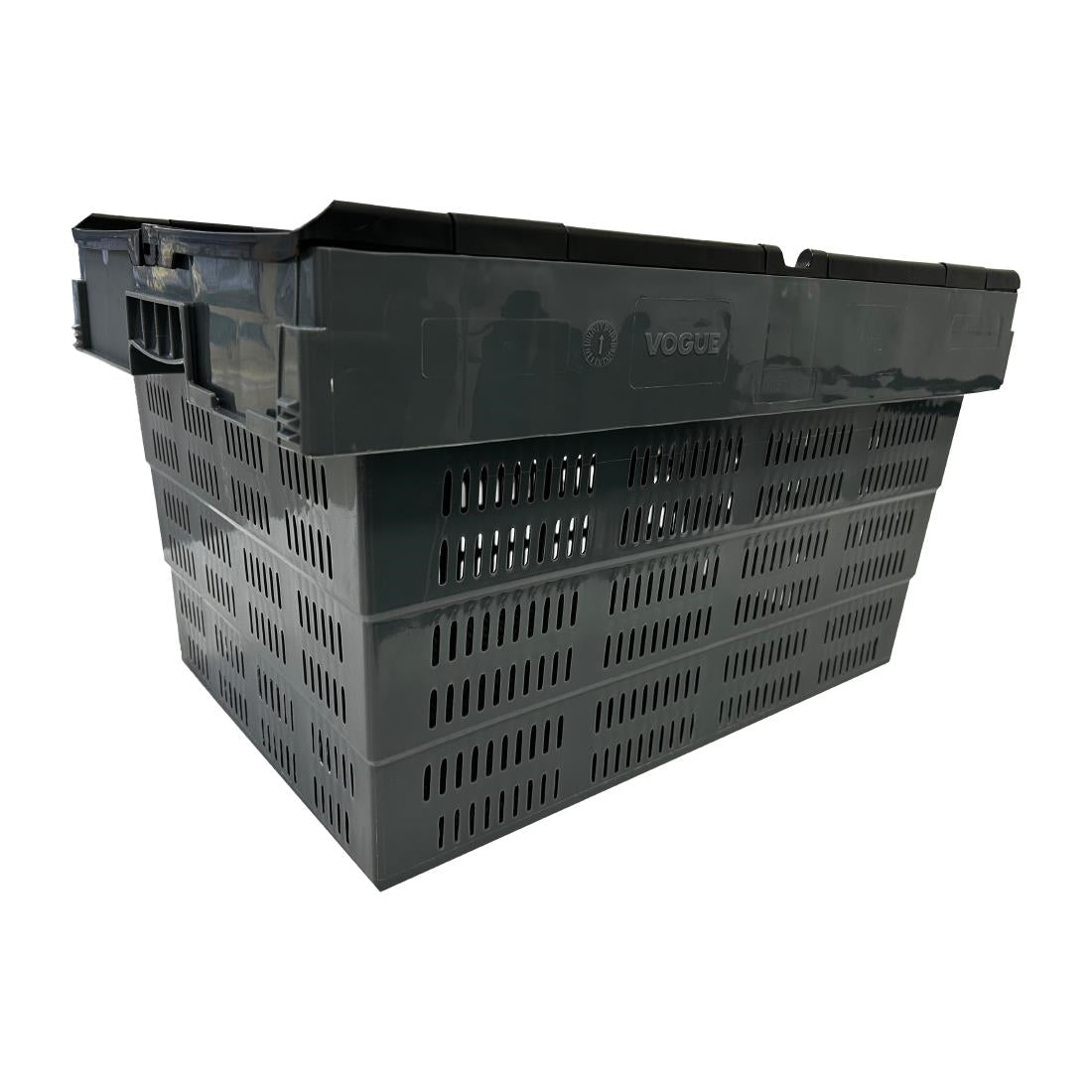 Vogue Perforated Plastic Transport Storage Crate with Attached Lid 600x400x320mm