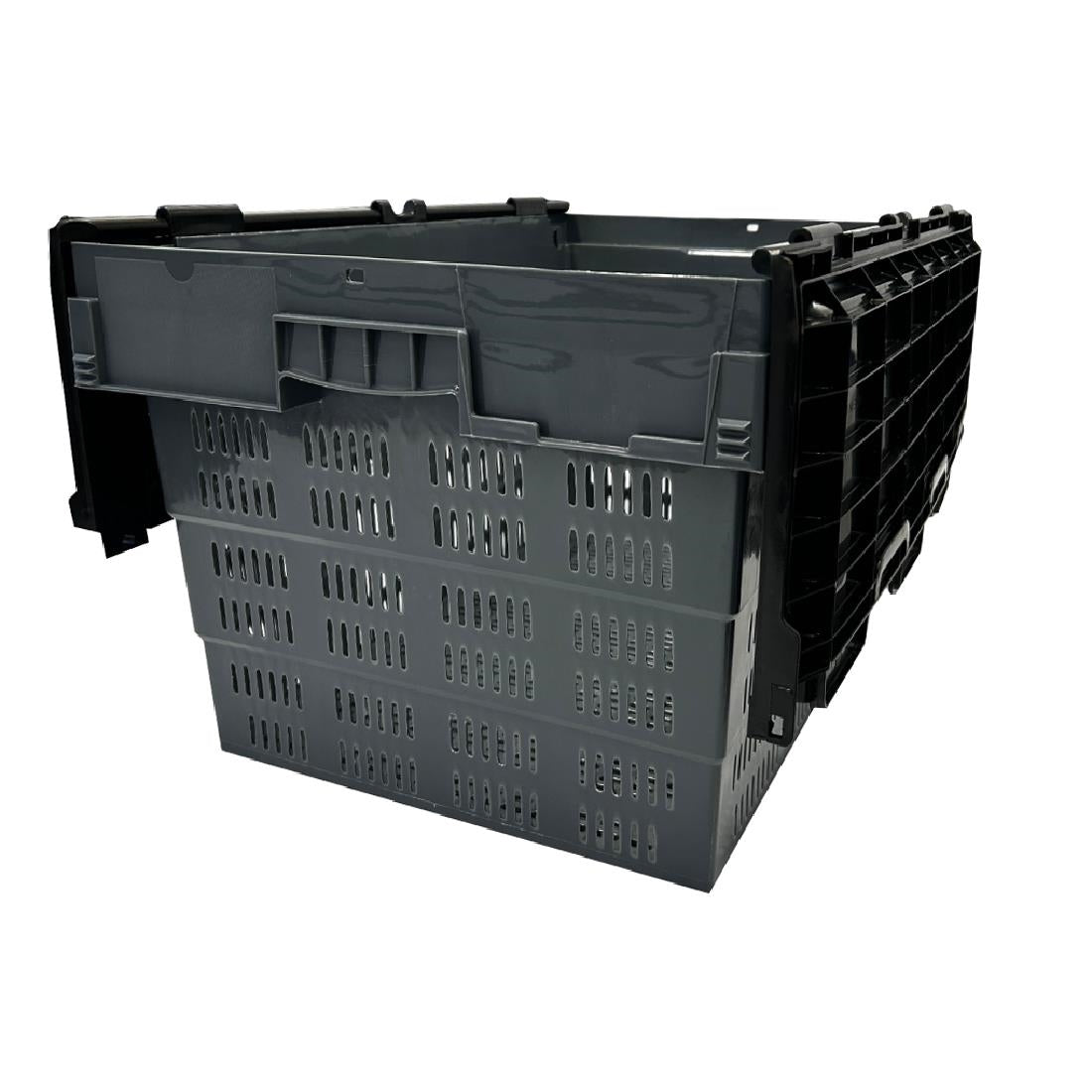Vogue Perforated Plastic Transport Storage Crate with Attached Lid 600x400x320mm