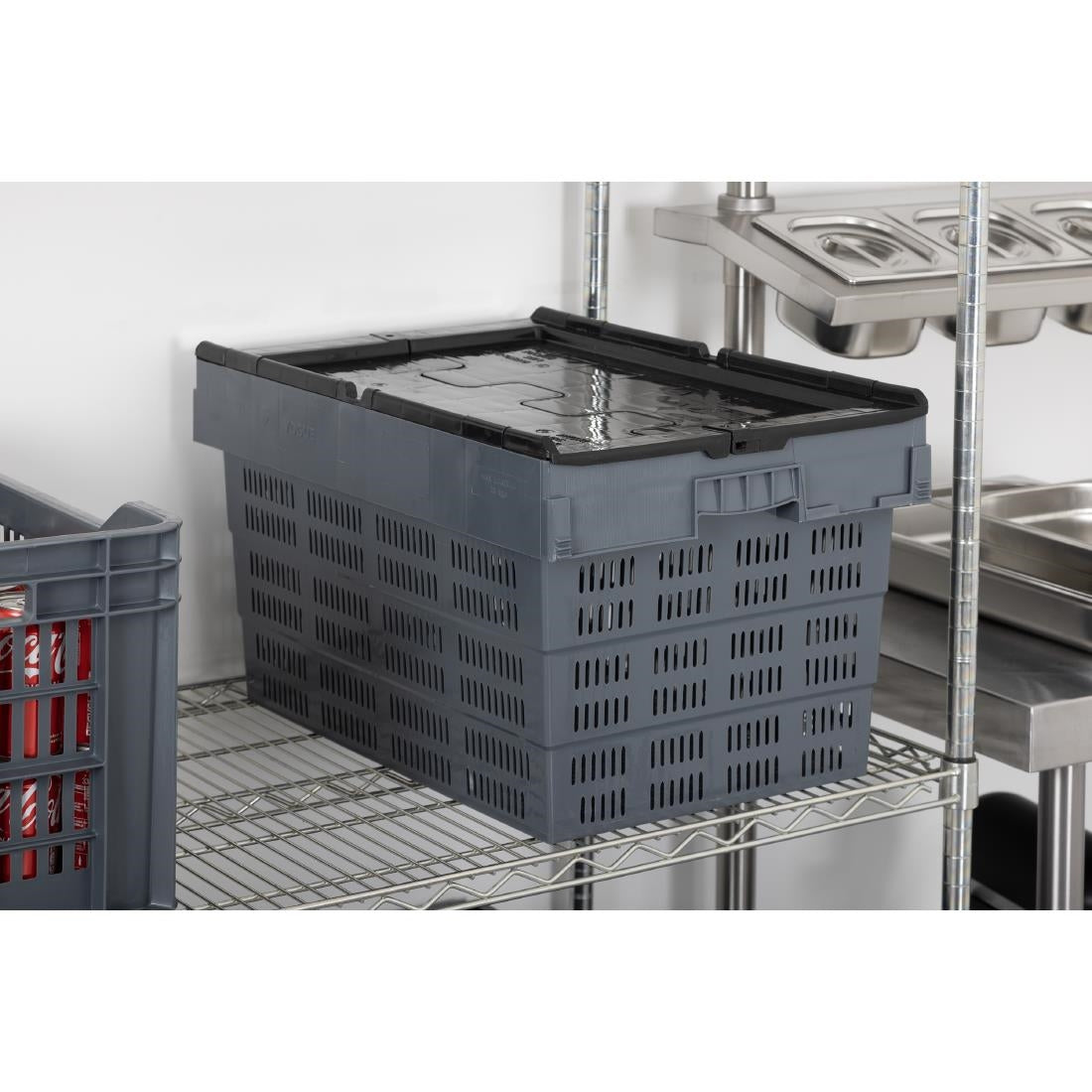 Vogue Perforated Plastic Transport Storage Crate with Attached Lid 600x400x320mm