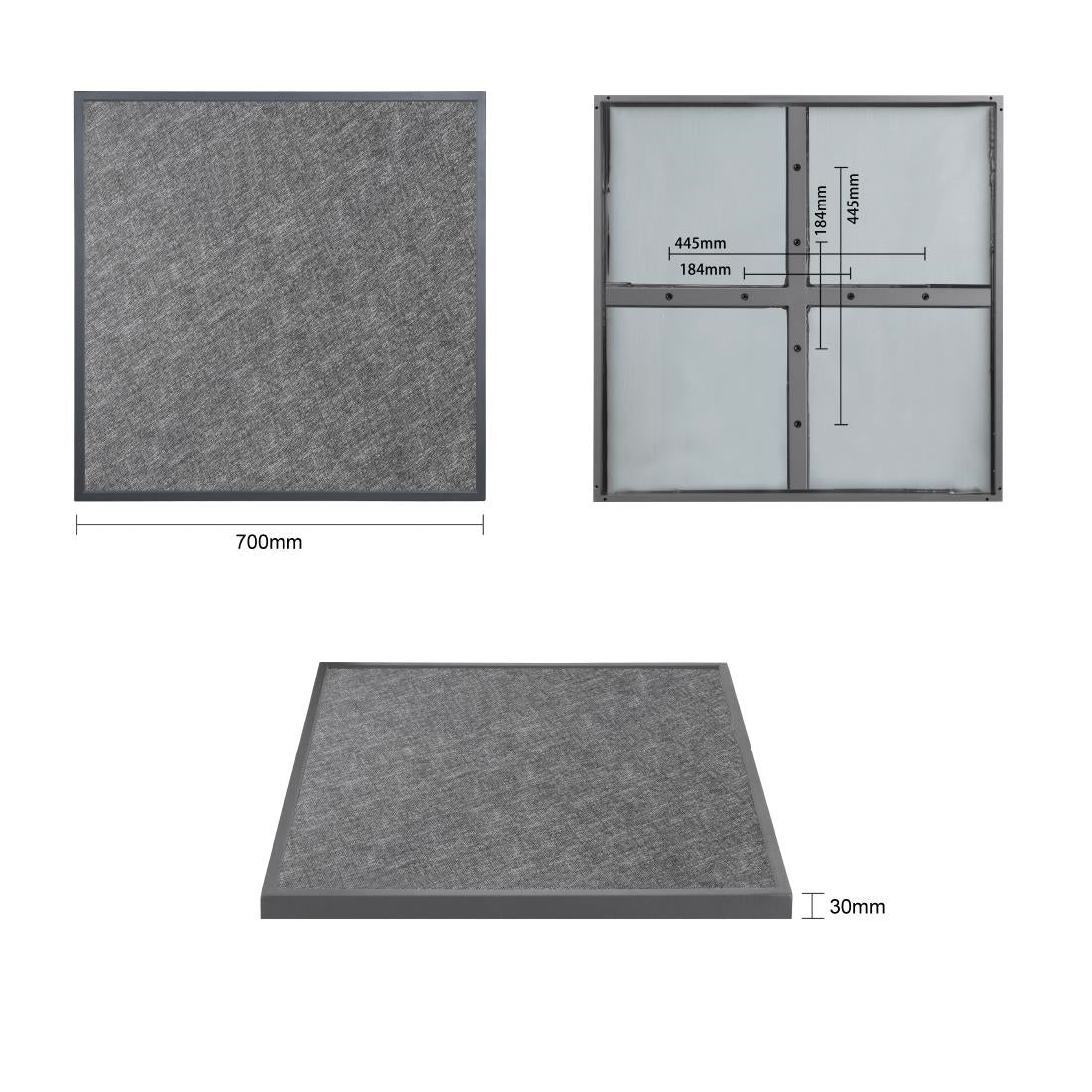 Bolero Black Brushed Mix Outdoor Tempered Glass Table Top Square Grey Trim 700mm