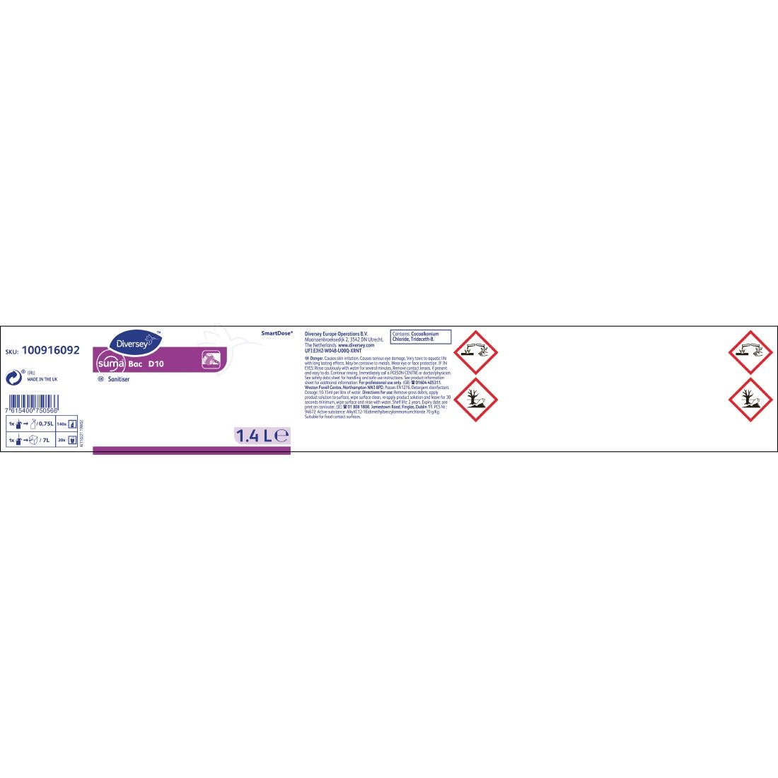 Suma SmartDose Bac D10 Cleaner and Sanitiser Super Concentrate 1.4Ltr