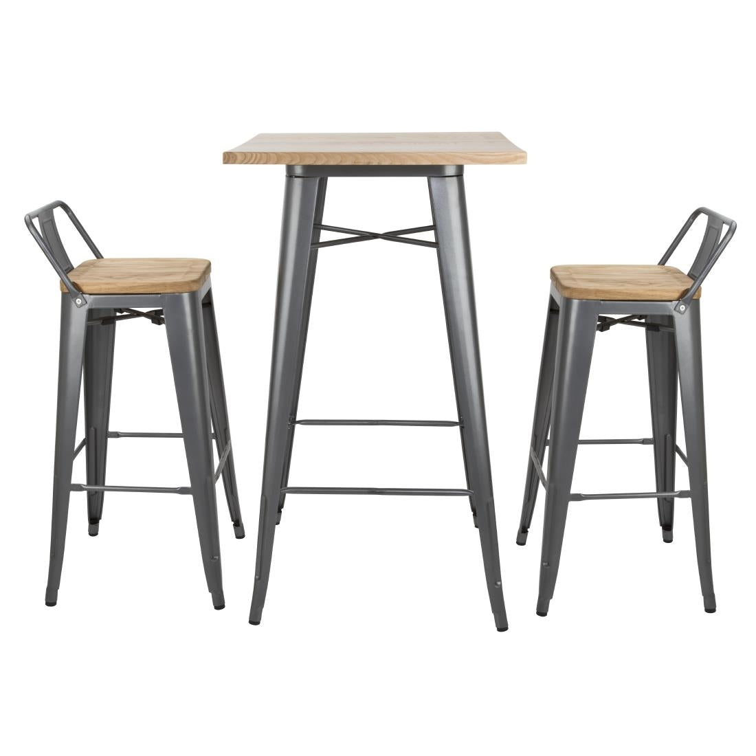 Bolero Bistro Backrest High Stools with Wooden Seat Pad Gun Metal (4 Pack)
