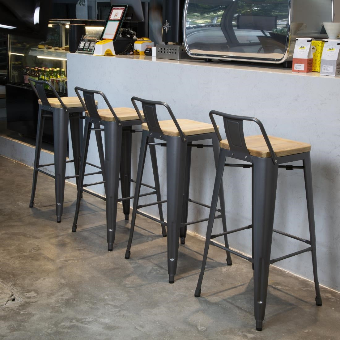 Bolero Bistro Backrest High Stools with Wooden Seat Pad Gun Metal (4 Pack)