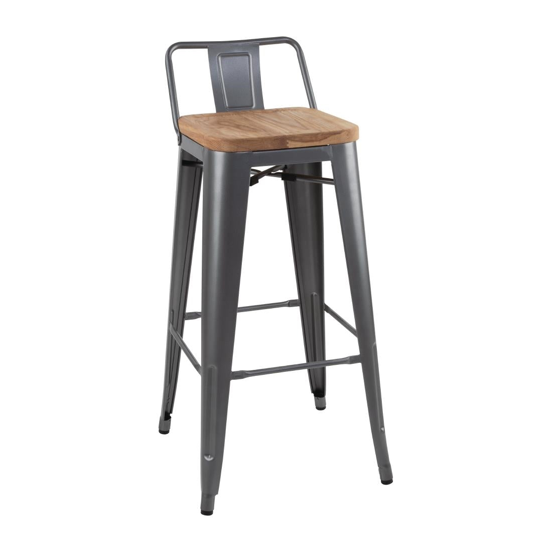 Bolero Bistro Backrest High Stools with Wooden Seat Pad Gun Metal (4 Pack)