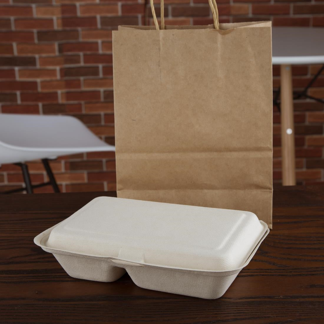 Fiesta Compostable Bagasse Two-Compartment Hinged Food Containers Natural Colour 253mm (200 Pack)