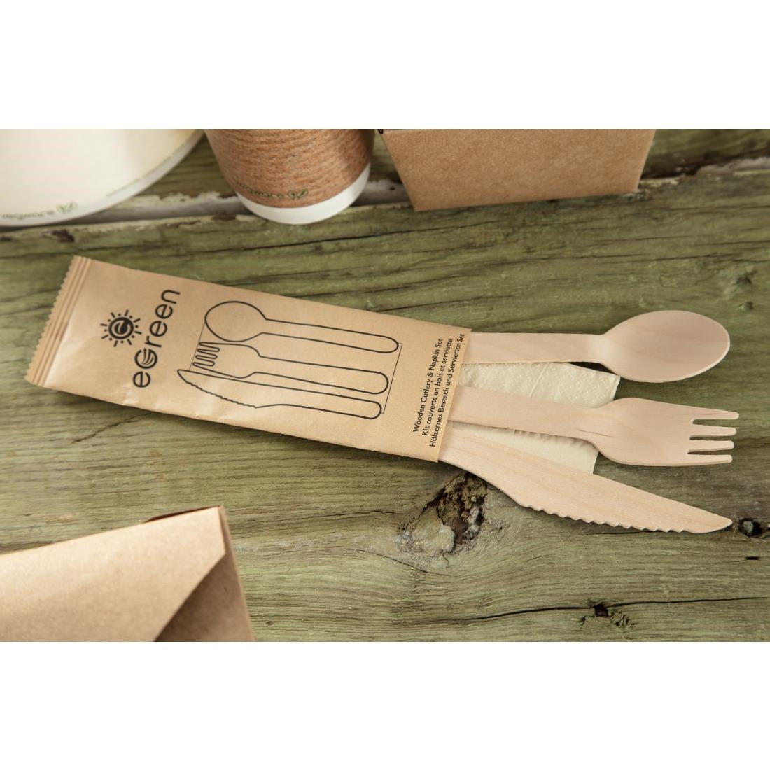 eGreen Individually Kraft Wrapped 4-in-1 Wooden Cutlery Set (250 Pack)