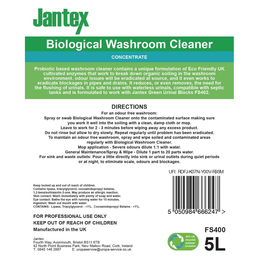 Jantex Green Biological Washroom Cleaner Concentrate 5Ltr