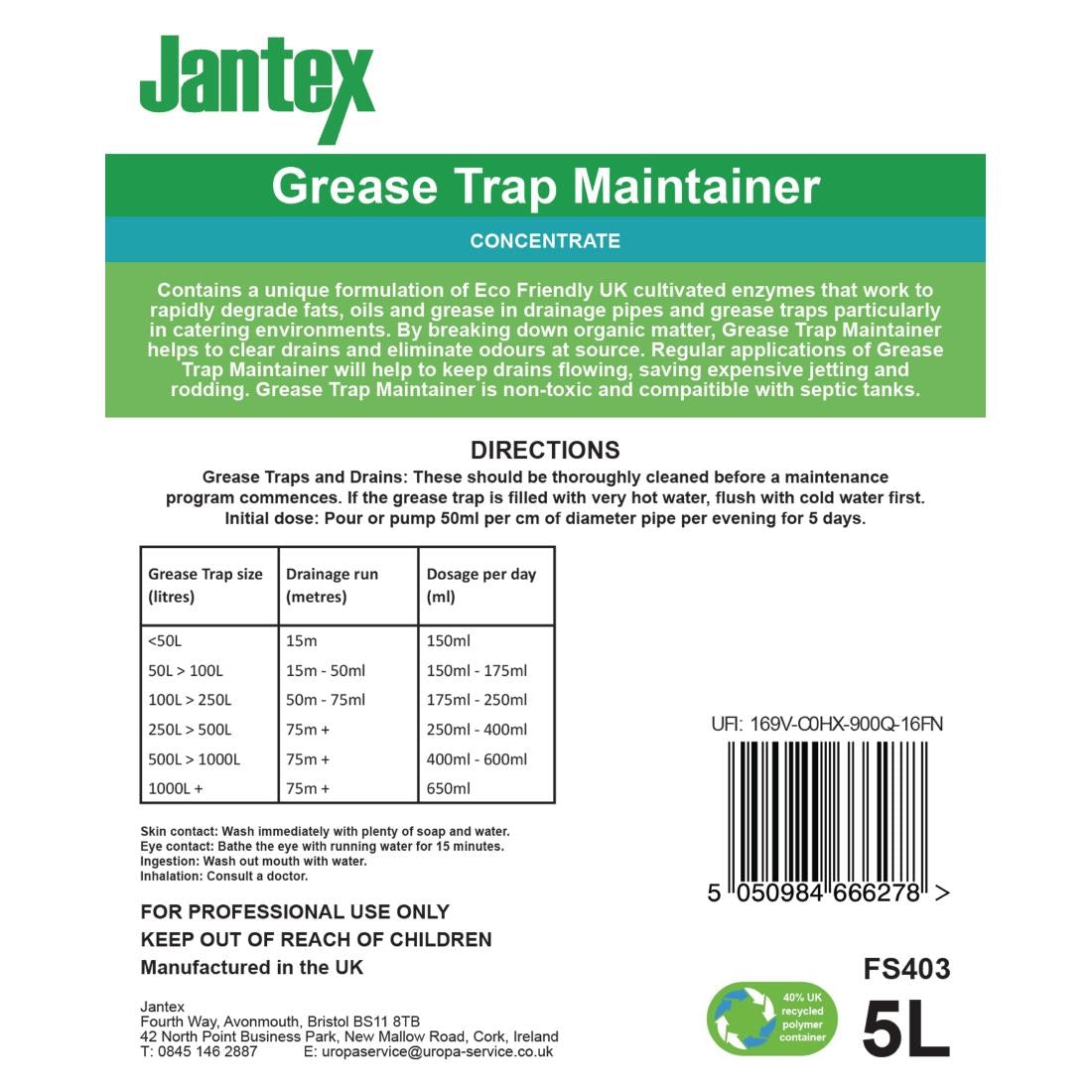 Jantex Green Grease Trap Maintainer Concentrate 5Ltr
