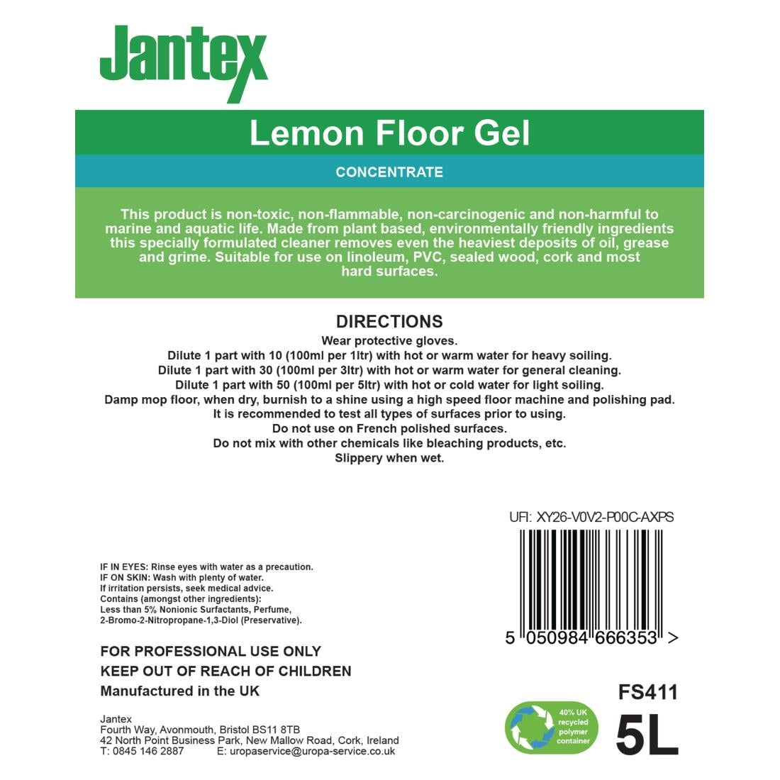 Jantex Green Lemon Floor Gel Cleaner Concentrate 5Ltr
