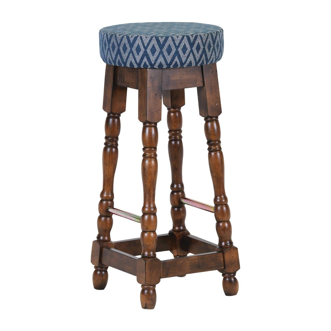Classic Rubber Wood High Bar Stool with Blue Diamond Seat (2 Pack)