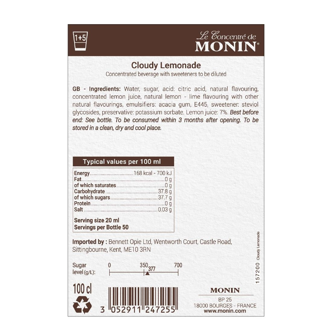 Monin Premium Cloudy Lemonade Concentrate 1Ltr