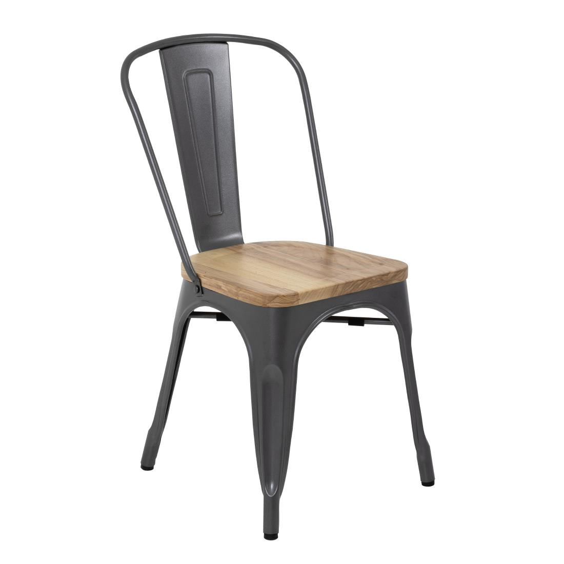 Bolero Bistro Side Chairs with Wooden Seat Pad Gun Metal (4 Pack)