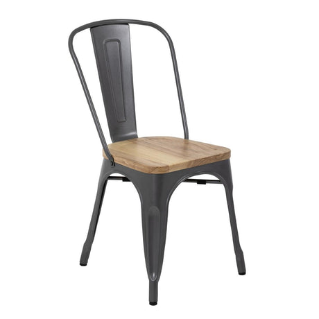 Bolero Bistro Side Chairs with Wooden Seat Pad Gun Metal (4 Pack)