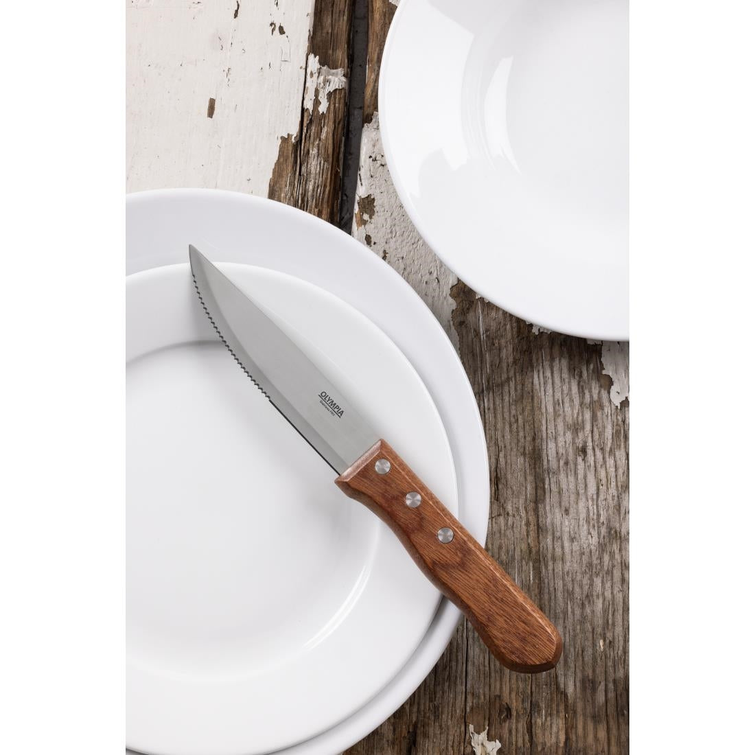 Olympia Jumbo Steak Knives with Acacia Handles 122mm (12 Pack)