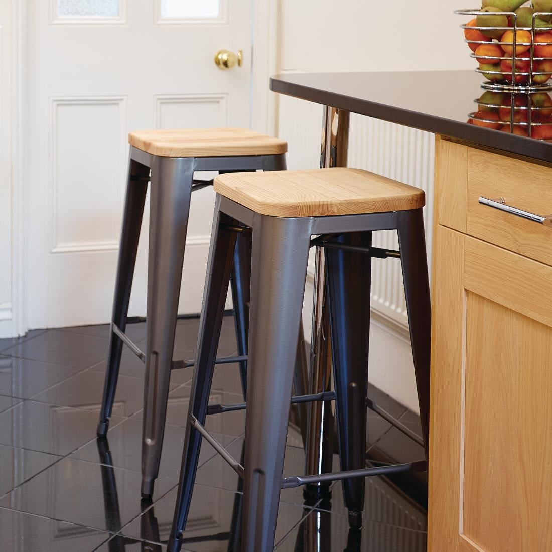 Bolero Bistro High Stools with Wooden Seat Pad Gun Metal (4 Pack)
