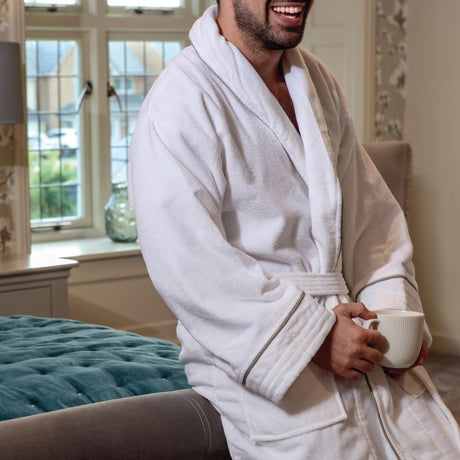 Mitre Heritage Ambassador White Bathrobe with Taupe Piping Large
