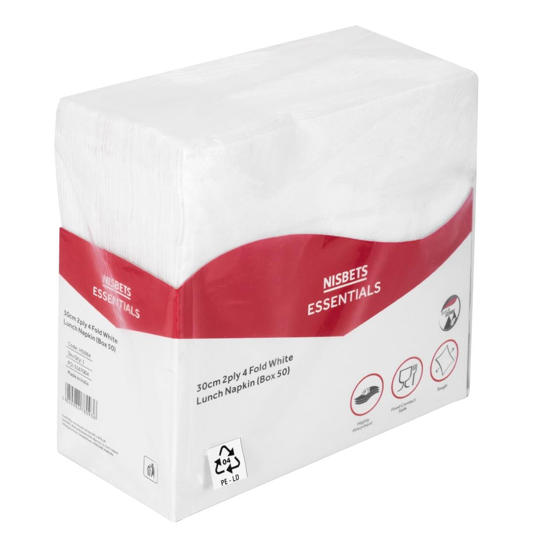 Nisbets Essentials 2ply 4-Fold White Lunch Napkins (50 Pack)