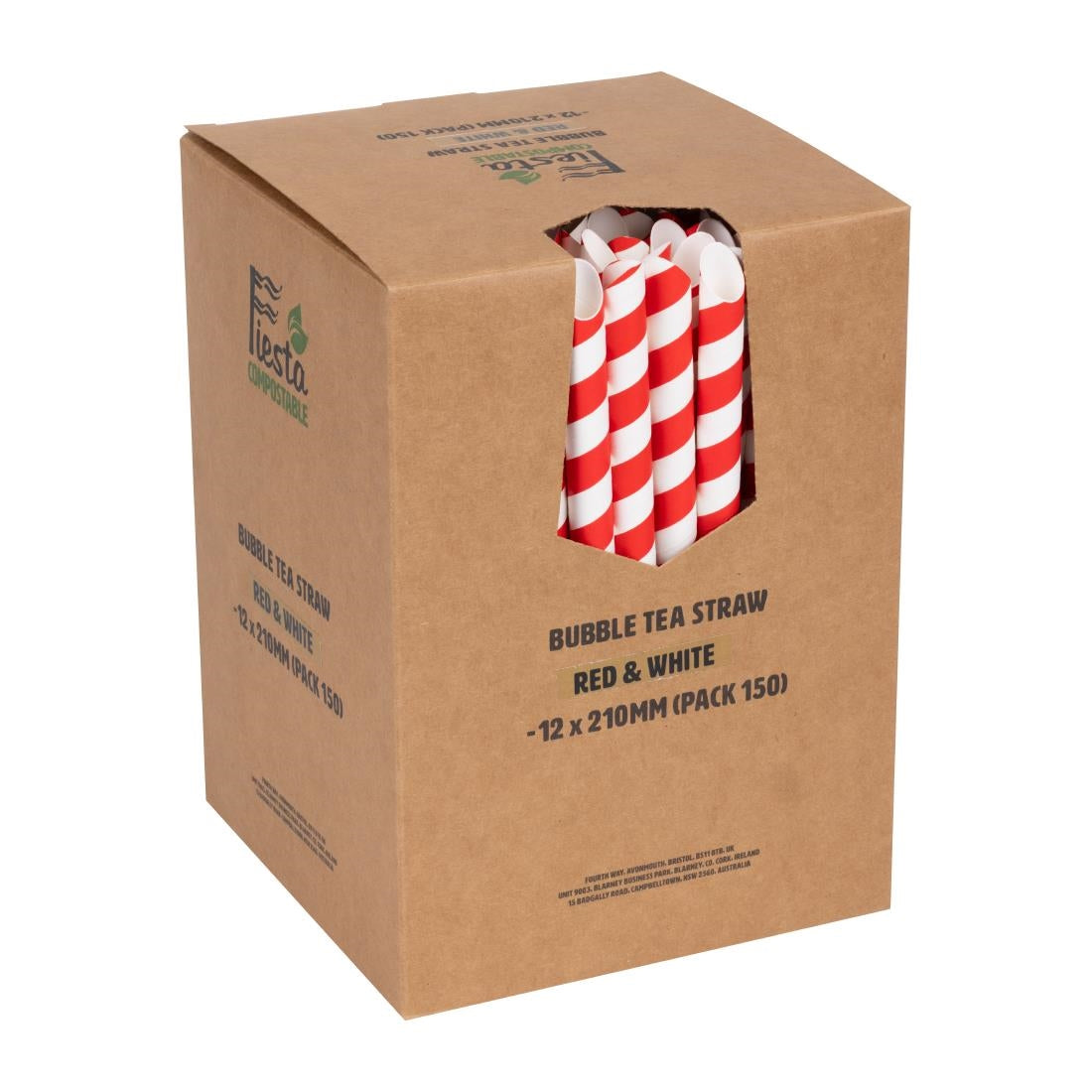 Fiesta Compostable Bubble Tea Straws Red & White 210mm (150 Pack)