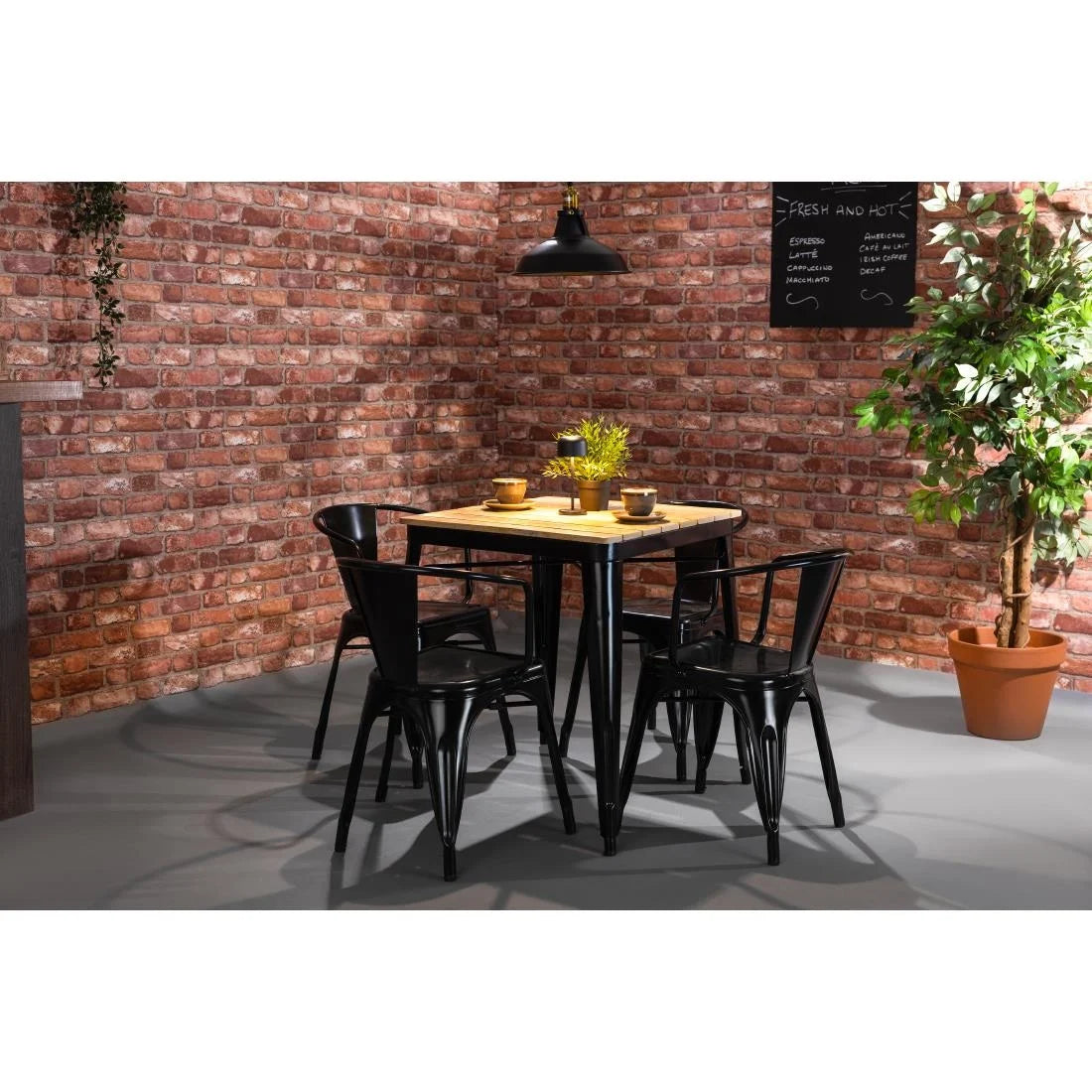 Bolero Bistro Dining Table Slatted Mango Wood Top Black Frame 650mm
