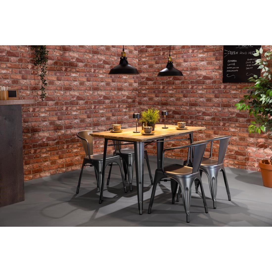 Bolero Bistro Dining Table Slatted Mango Wood Top Gunmetal 1200mm