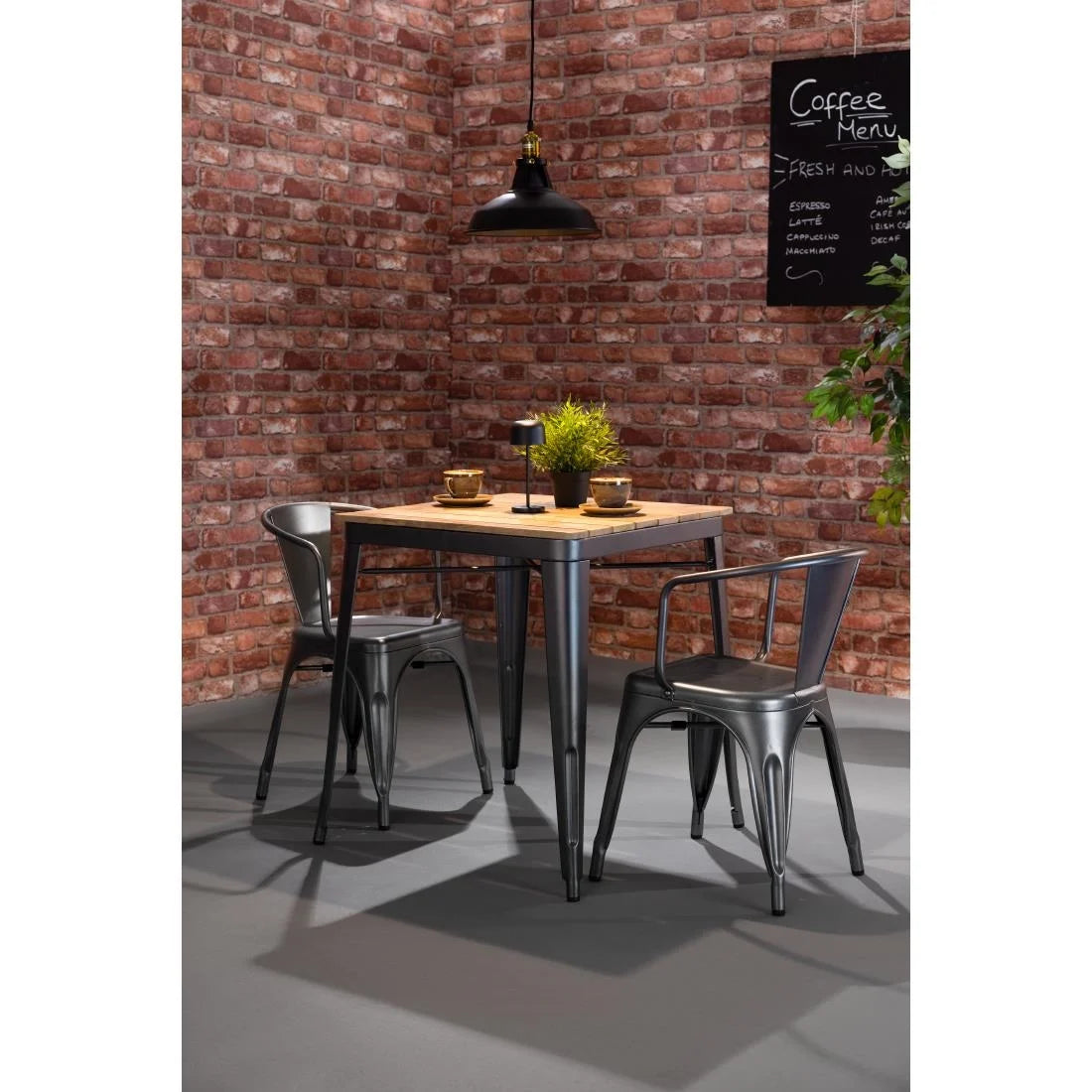 Bolero Bistro Dining Table Slatted Mango Wood Top Gunmetal Frame 650mm