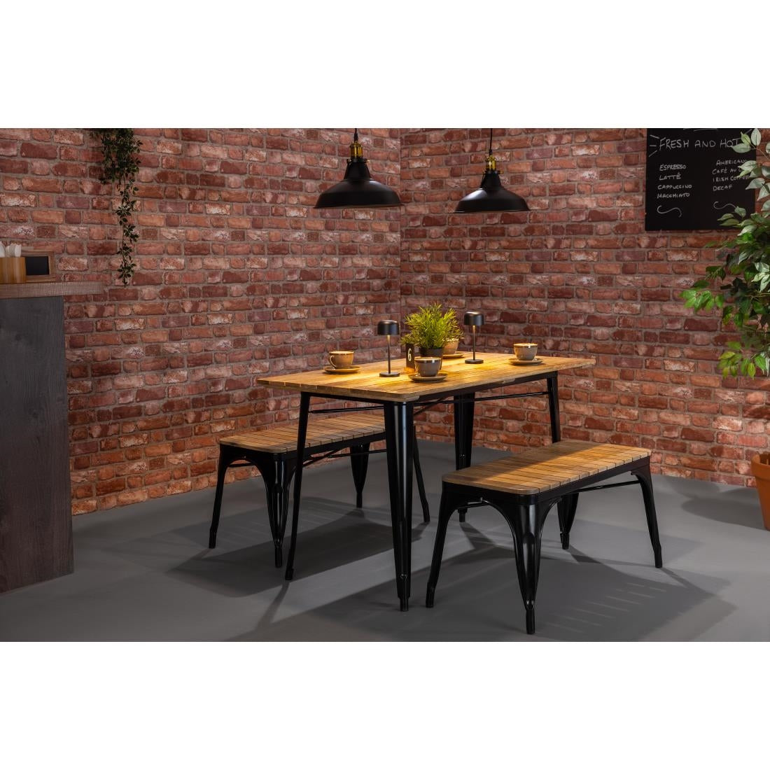 Bolero Bistro Dining Table Slatted Mango Wood Top Black 1200mm
