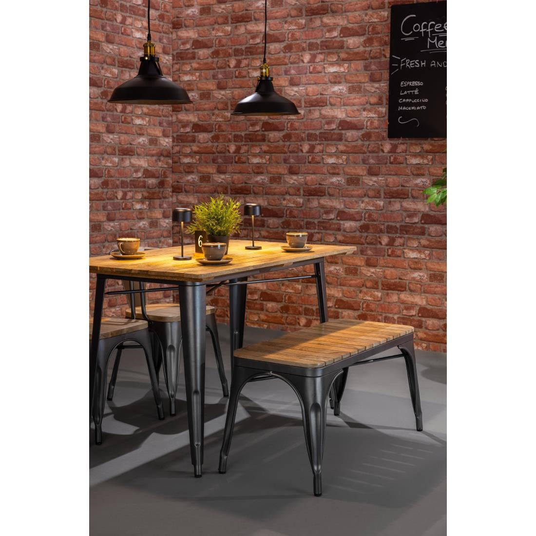 Bolero Bistro Indoor Bench Slatted Mango Wood & Gunmetal Frame 850mm (2 Pack)