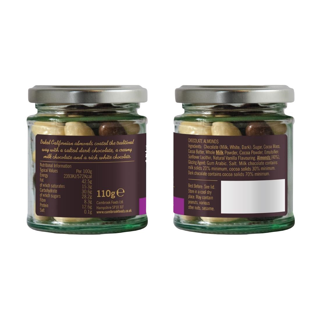 Cambrook Dark, Milk & White Chocolate Almonds Glass Jar 110g (15 Pack)