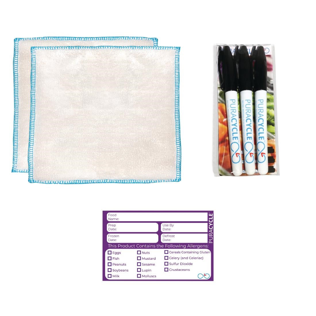 Puracycle Reusable Allergen Label Pack (20 Labels, 2 Cloths) + Free Pens