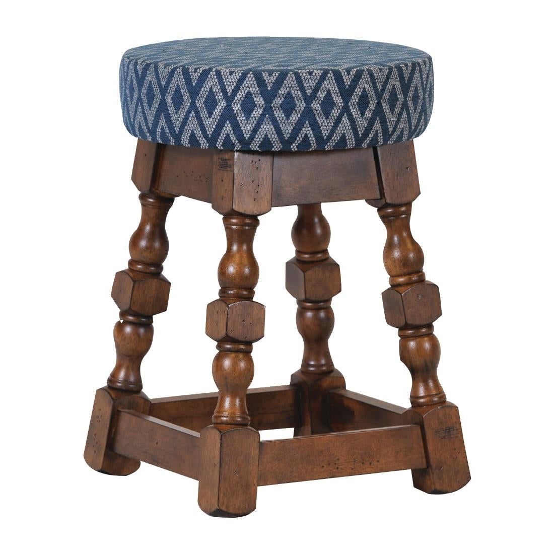 Classic Rubber Wood Low Bar Stool with Blue Diamond Seat (2 Pack)