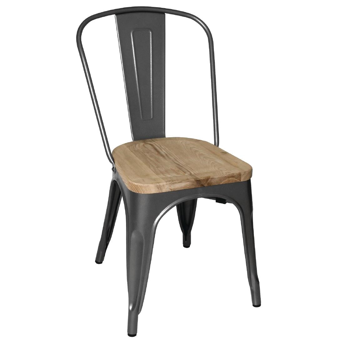 Bolero Bistro Side Chairs with Wooden Seat Pad Gun Metal (4 Pack)