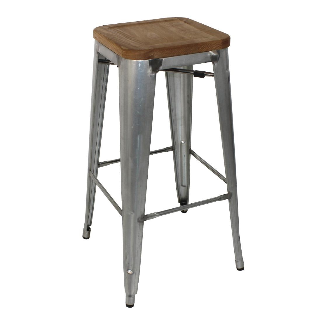Bolero Bistro High Stools with Wooden Seat Pad Galvanised Steel (4 Pack)